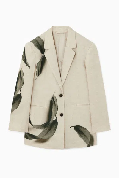 Cos Leaf-print Linen Blazer In Beige