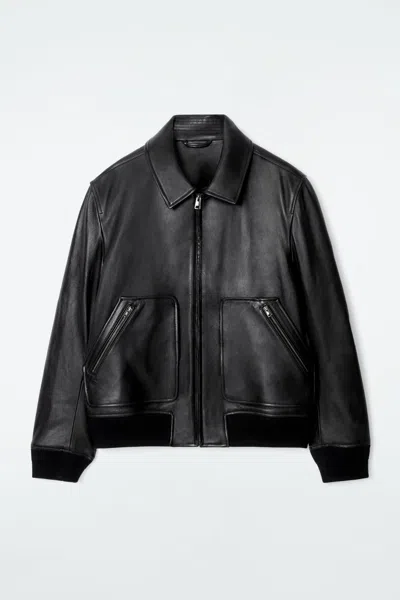 Cos Leather Bomber Jacket In Black