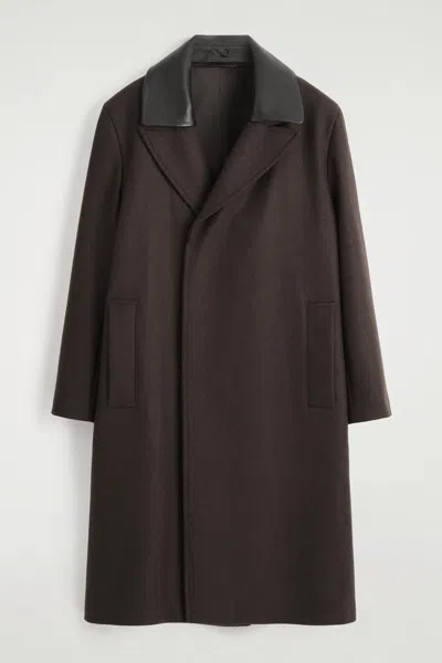 Cos Leather-collar Wool Coat In Brown