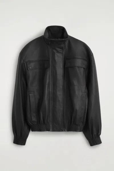 Cos Leather Mock-neck Bomber Jacket In Black