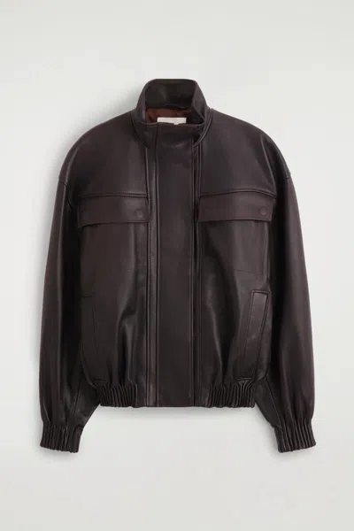 Cos Leather Mock-neck Bomber Jacket In Brown