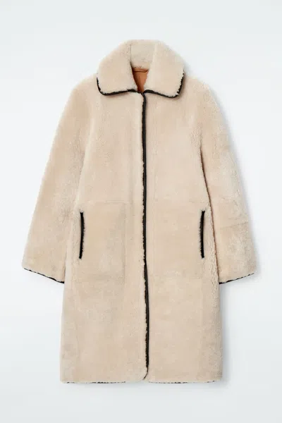 Cos Leather-trimmed Shearling Coat In Neutral