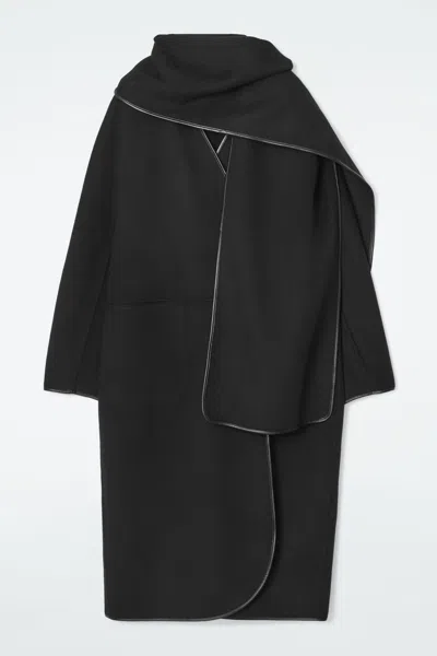 Cos Leather-trimmed Wool Scarf Coat In Black