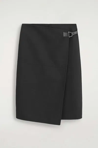 Cos Leather-belt Wool-twill Midi Skirt In Black