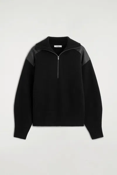 Cos Leather-patch Merino Wool Zip-up Jumper In Nero