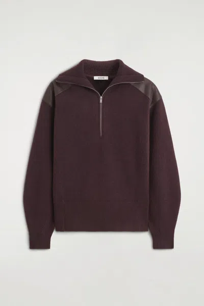Cos Leather-patch Merino Wool Zip-up Sweater In Red