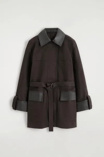 Cos Leather-trimmed Cotton Field Coat In Brown