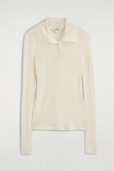 Cos Merino Wool Buttoned Mock-neck Top In White