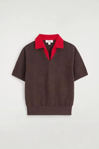 Cos Merino Wool Layered Polo Shirt In Brown