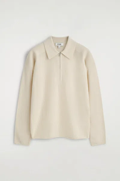 Cos Merino Wool-yak Zip-up Polo Shirt In White