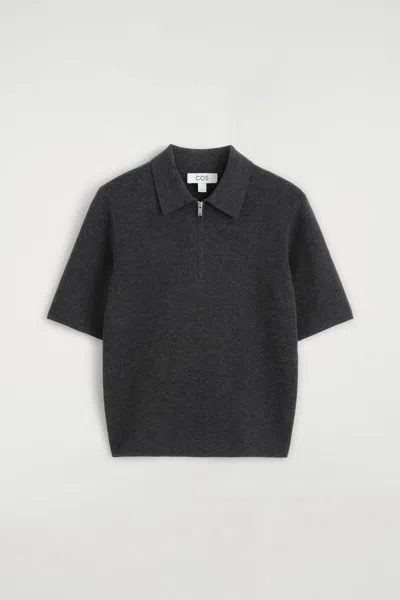 Cos Merino Wool Zip-up Polo Shirt In Gray