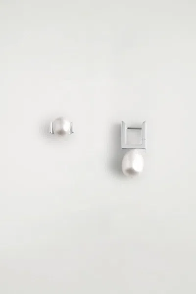 Cos Mismatched Rectangular Pearl Earrings In Silver