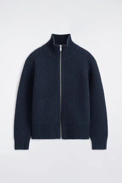 Cos Mock-neck Knitted Wool Jacket In Navy
