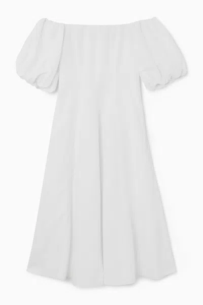 Cos Off-the-shoulder Puff-sleeve Midi Dress In White