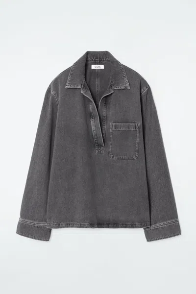 Cos Open-collar Denim Shirt In Black