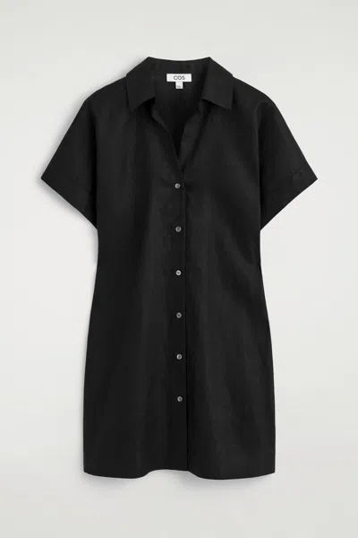 Cos Open-collar Linen Mini Shirt Dress In Black