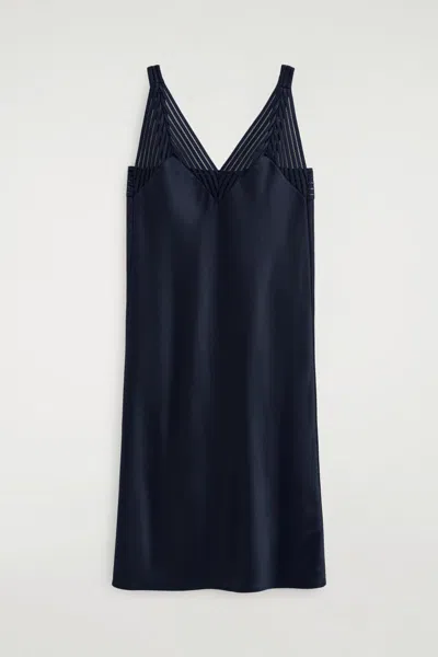 Cos Open-stitch Satin Slip Dress In Blue