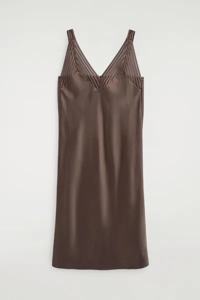 Cos Open-stitch Satin Slip Dress In Brown