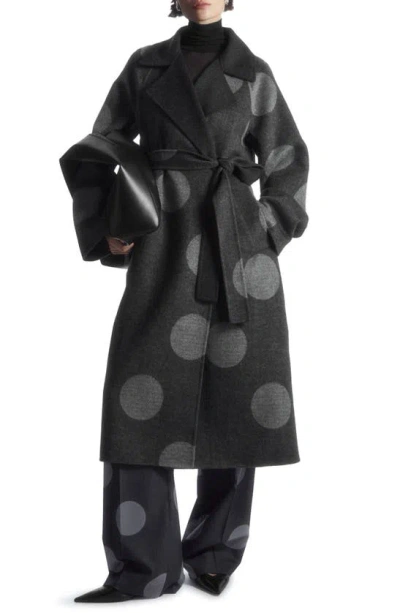 Cos Oversized Belted Polka Dot Wool Blend Coat In Grey Medium Dusty