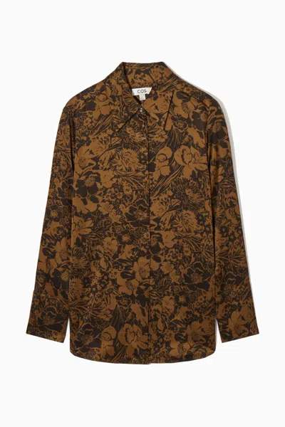 Cos Oversized Floral-print Satin Shirt In Brown