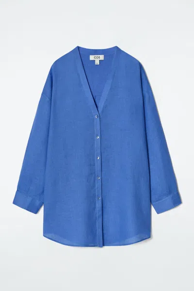 Cos Oversized Linen V-neck Shirt In Blue