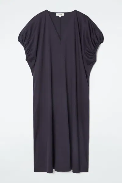 Cos Oversized Ruched V-neck Dress In Blue