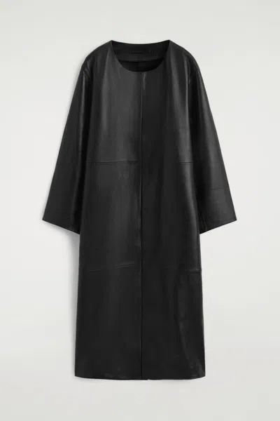 Cos Paneled Leather Long Coat In Black