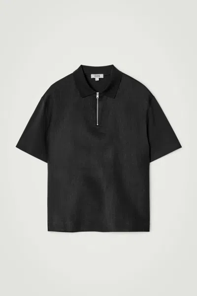 Cos Panelled Linen Half-zip Polo Shirt In Black