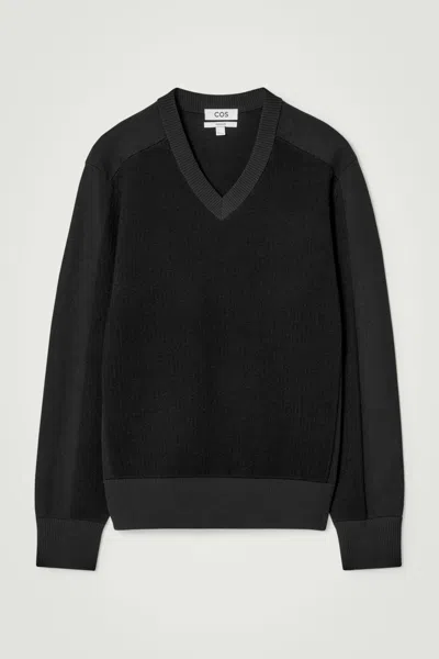 Cos Panelled Wool V-neck Jumper In Black