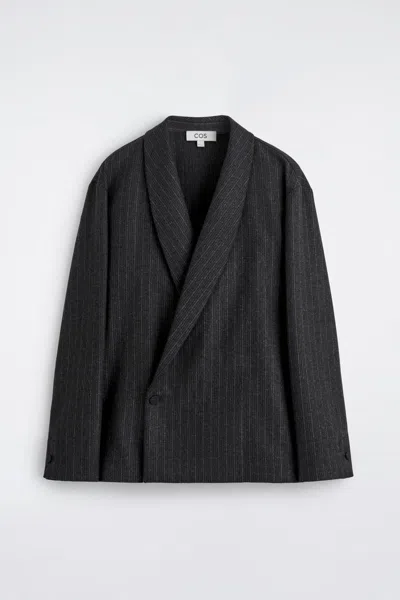 Cos Pinstriped Wool Wrap Blazer In Gray