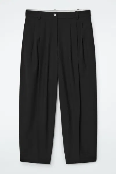 Cos Pleated Barrel-leg Wool-blend Trousers In Black