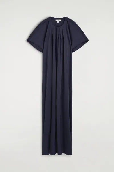 Cos Pleated Belted Satin Midi Dress In Blue