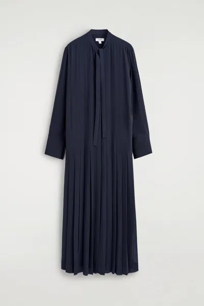 Cos Pleated Bow-detail Midi Shirt Dress In Blue