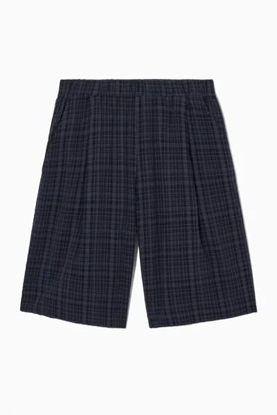 Cos Pleated Checked Seersucker Board Shorts In Blue