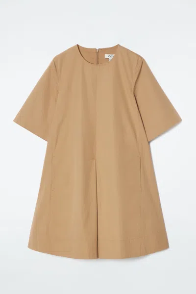 Cos Pleated Cotton Mini Dress In Beige