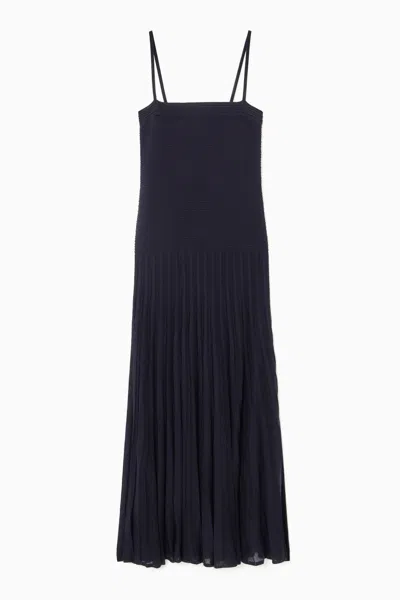 Cos Pleated Knitted Maxi Dress In Blue
