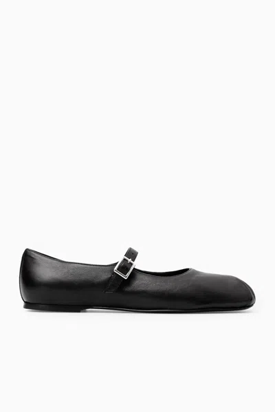 Cos Pleated Leather Mary-jane Ballet Flats In Black
