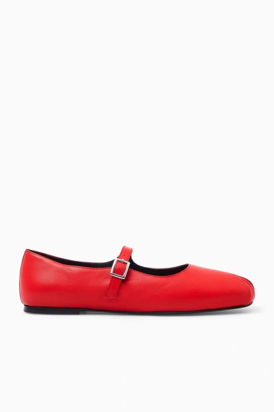 Cos Pleated Leather Mary-jane Ballet Flats In Red