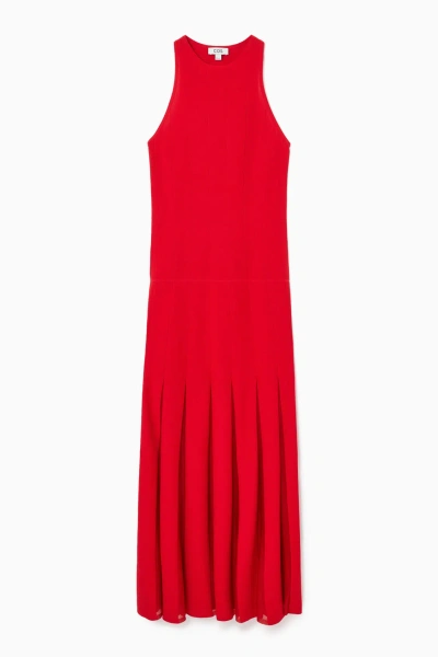 Cos Pleated Racer-neck Maxi Dress In Red