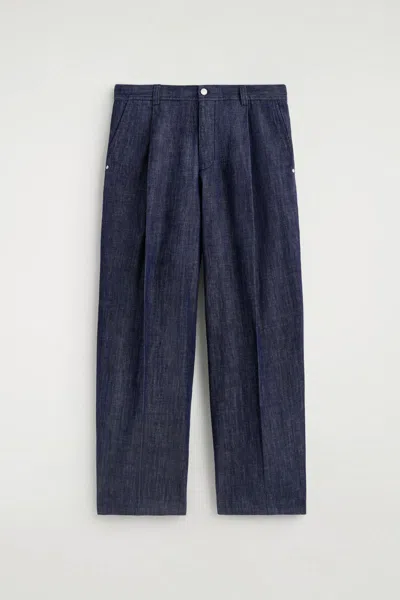 Cos Pleated Relaxed-fit Wide-leg Denim Trousers In Blue