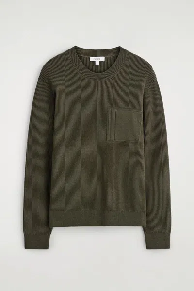 Cos Pocket-detail Wool Crew-neck Sweater In Green