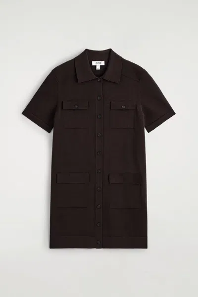 Cos Pocket-detail Knitted Cotton Mini Dress In Brown