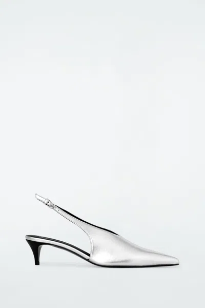 Cos Pointed Leather Slingback Kitten Heels In Silver