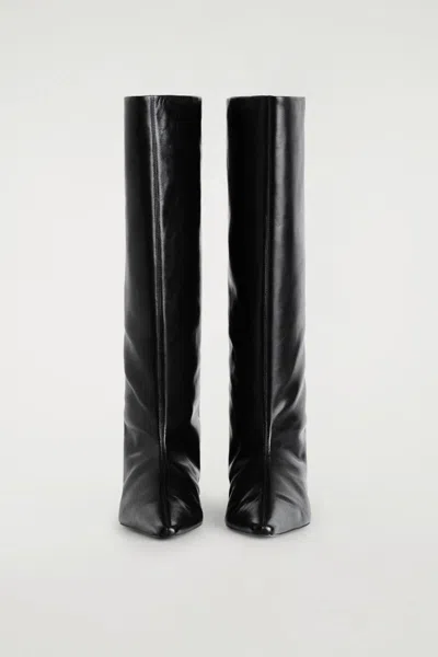 Cos Pointed Leather Wedge Knee Boots In Black