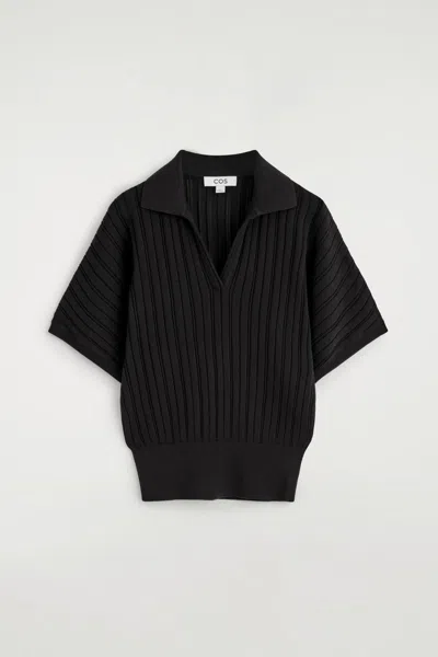 Cos Pointelle-knit Cotton Polo Top In Black