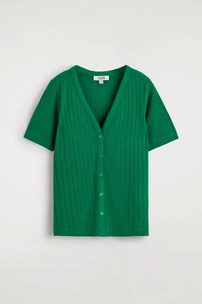 Cos Pointelle-knit Short-sleeved Cardigan In Green