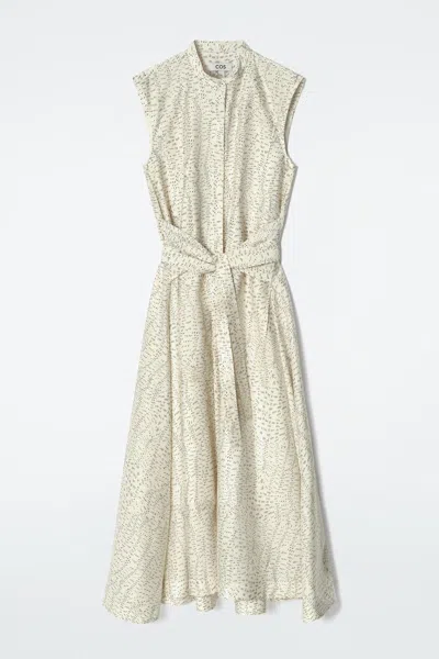 Cos Printed Fluid Tiewaist Midi Dress In Bianco