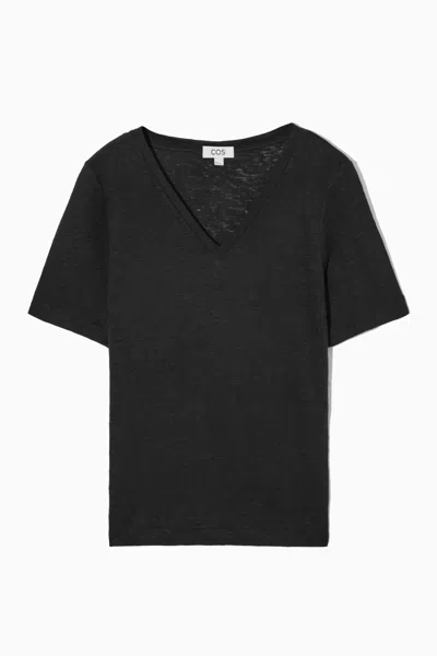 Cos V-neck Linen T-shirt In Black