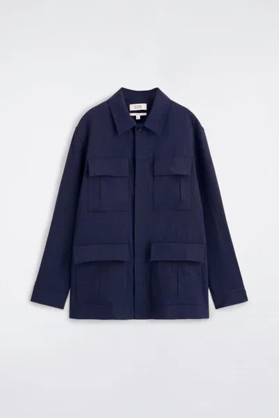 Cos Relaxed Linen Utility Overshirt In Navy In Blue