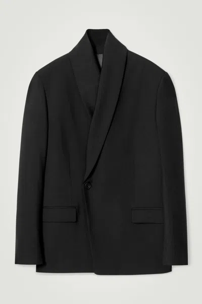 Cos Relaxed Shawl-collar Wool-hopsack Blazer In Black